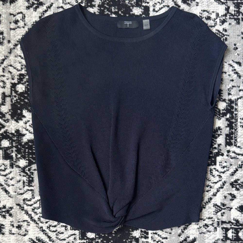 Tahari Navy Knit Short Sleeve Twist Front Top